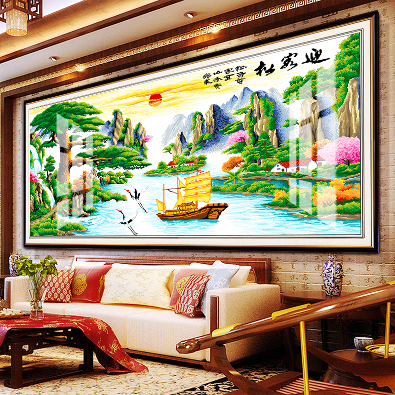 伊人钻石画客厅大幅迎客松财运版手工贴钻画2024新款砖石画满钻钻石绣