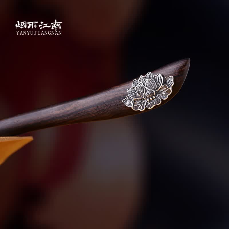 烟雨江南简约黑檀镶嵌925银牡丹花发簪结实耐用礼物古风发饰步摇簪子