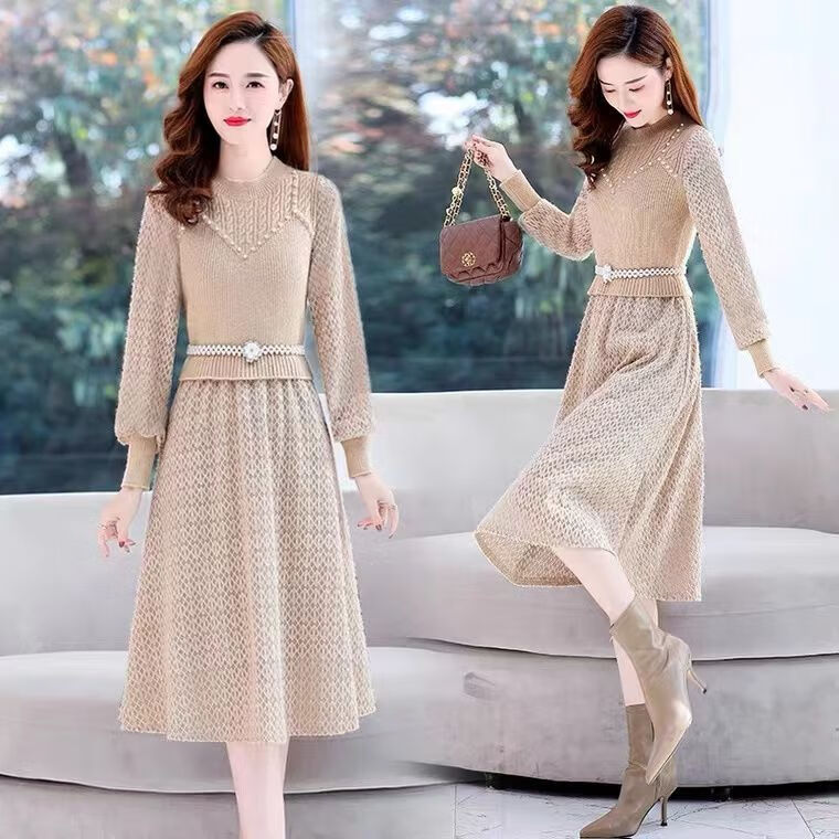超仙温柔风连衣裙别致2022年新款女装秋冬中长款加厚打底蕾丝针织裙子