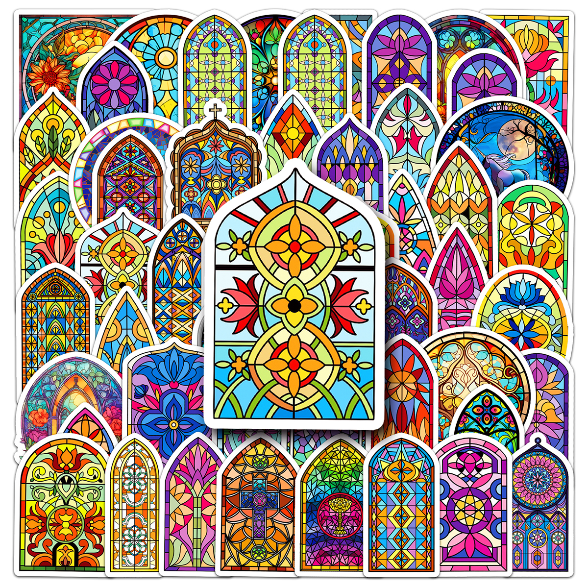 50张欧式彩色教堂窗花玻璃贴纸 哥特式风 diy手账本素材笔记本电脑