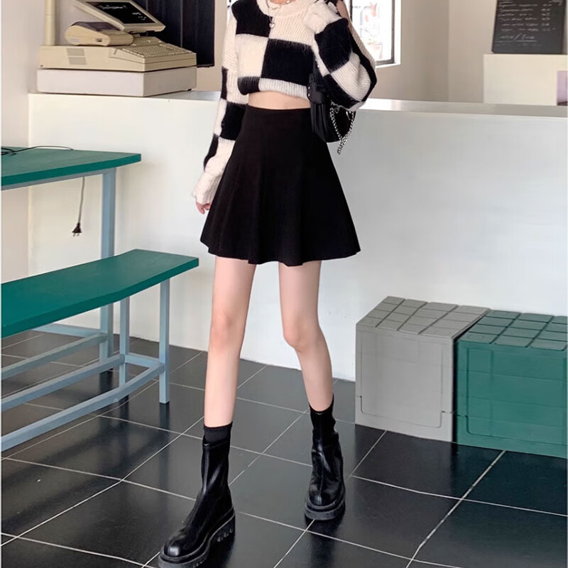 雷黛茜毛呢半身裙女秋冬天配毛衣小个子高腰a字百褶裙短裙新款伞裙 黑色【自带防走光内衬】 L 106-116斤