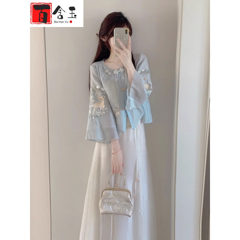 百含玉新中式连衣裙夏季国风汉元素复古刺绣小个子感气质套装裙子女 蓝色上衣+白色裙子 XL