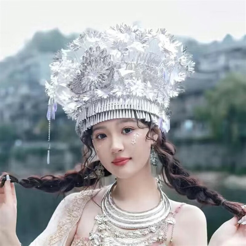 俏妆新款少数民族苗族侗族银饰帽子贵州云南广西苗族特色帽子民族头饰