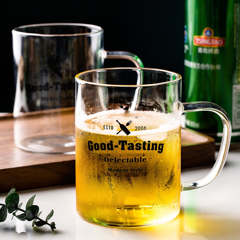 inscription 带把玻璃杯黑白印花情侣杯家用喝水耐高温茶杯啤酒杯早餐