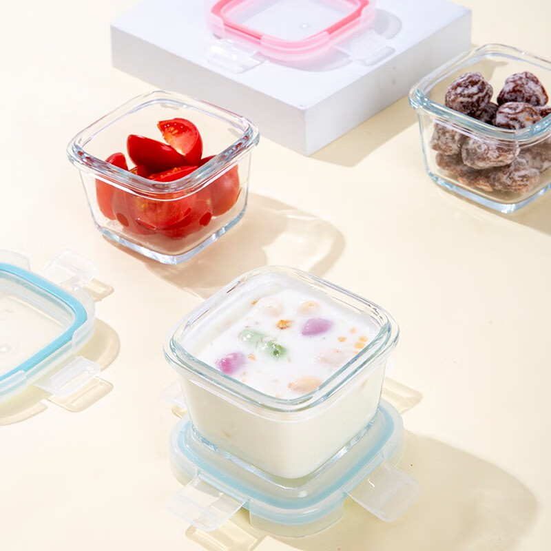 Didinika婴儿辅食盒玻璃密封保鲜盒防漏宝宝食物可冷冻方形耐高温 蓝色+绿色+橙色（各一只）160ml