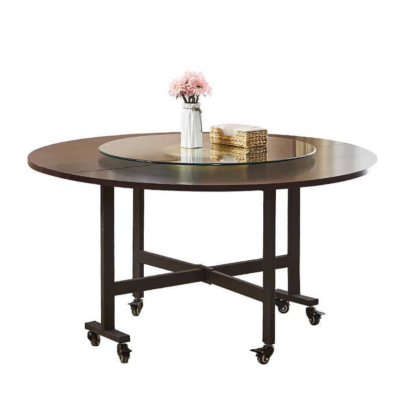 菲达森 大圆桌可折叠餐桌家用伸缩8/10/12/15/18/20人的圆形饭桌酒店带转盘 1.6米黑胡桃+1.1米转盘带轮子