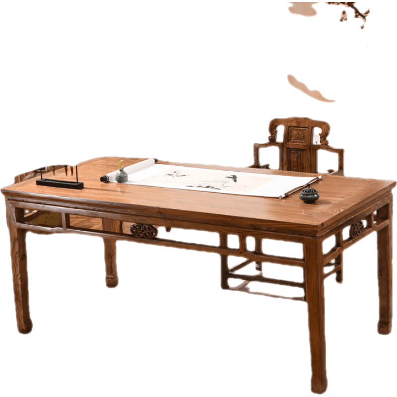 画案书法桌实木书画桌新中式简约原木书桌书房办公桌写字台电脑桌 1.5米祥云桌加太师椅