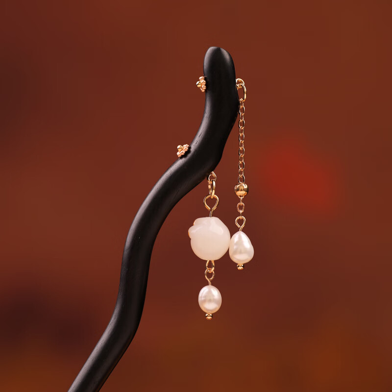 江南初見新品古风发簪茶服木质步摇木簪新中式黑檀木珍珠簪子七夕汉服