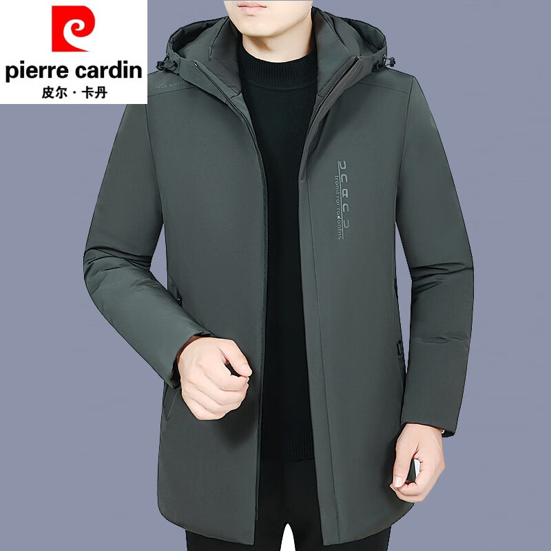 皮尔卡丹冬季90绒羽绒服保暖御寒脱卸帽中长款加厚派克服中年爸爸夹克外套 208灰绿 3XL 180(建议141-160斤)