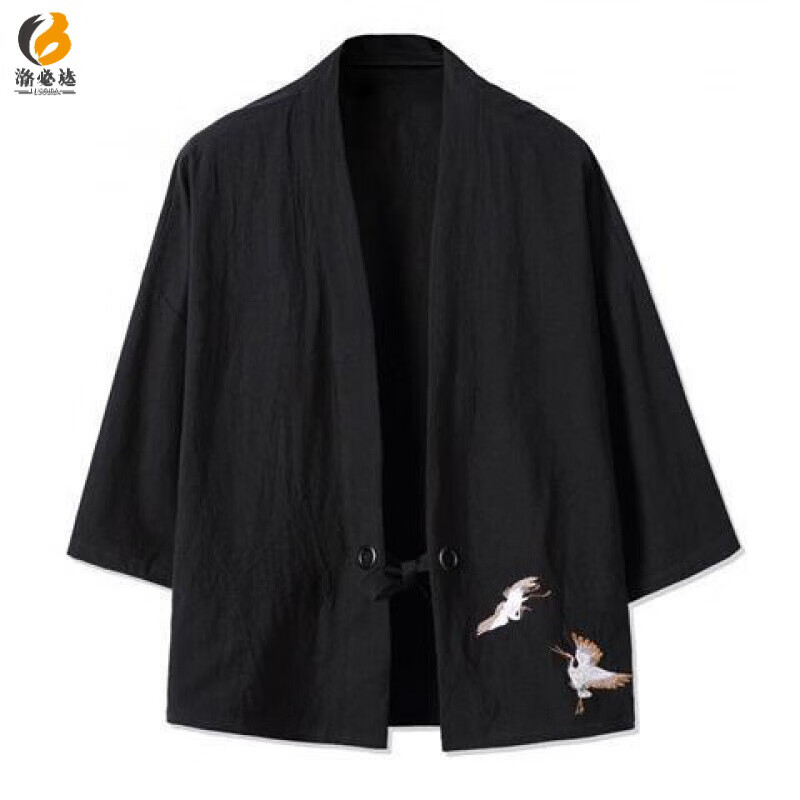 洛必達(dá) 外套男七分袖唐裝漢服夏薄款日系開衫和服上衣 M78仙鶴刺繡黑色 3XL 150-165斤