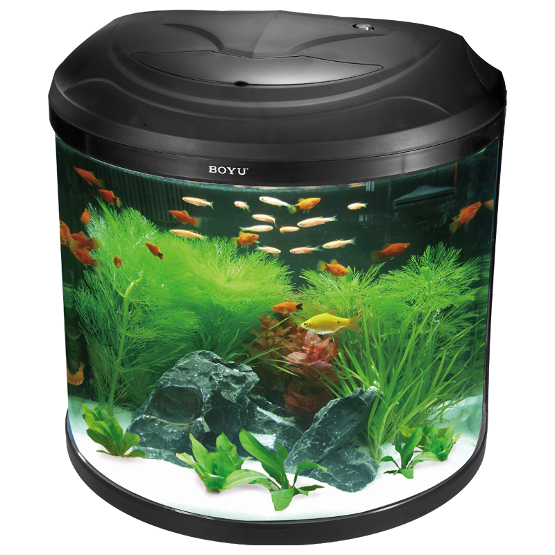 博宇（BOYU）半圓形魚缸 圓柱水族箱高清玻璃客廳中式金魚缸園形桌面魚缸 60半圓魚缸 不帶柜黑色+造景
