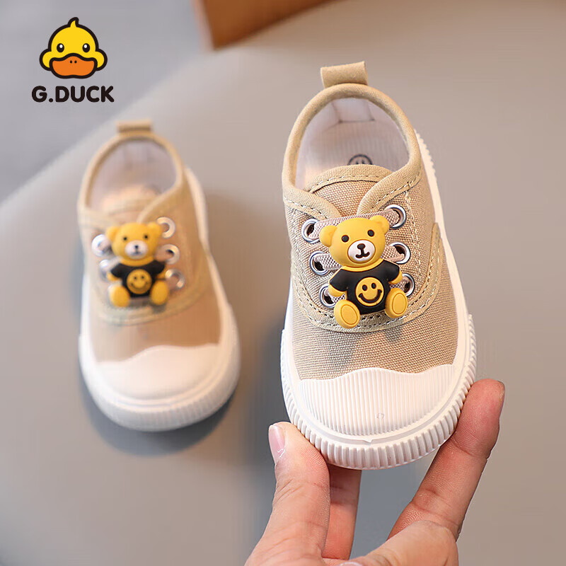 G.duck小黃鴨軟底寶寶鞋學步鞋兒童帆布鞋一腳蹬春夏季單鞋板鞋男女 米色 23碼/內長15.5cm