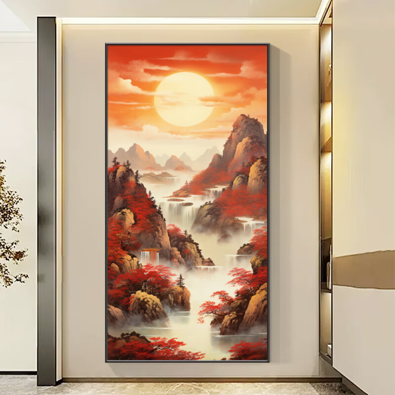 山头林村玄关挂画正对门鸿运当头 鸿运当头山水画入户玄关挂画中式