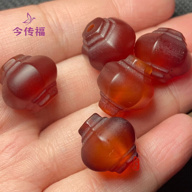 今传福古玩杂项老珠子 天然玛瑙柿子红六棱灯笼珠散珠 文玩手串配饰散