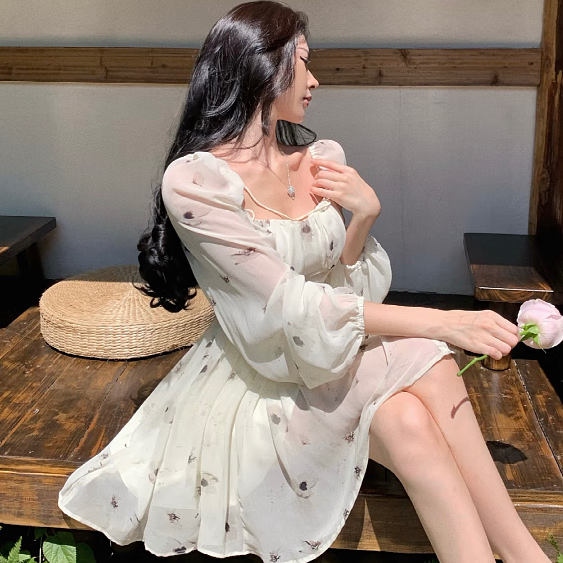 绮岑高个子女装170-175裙子连衣裙微胖大码胖mm桔梗法式长袖泡泡袖碎