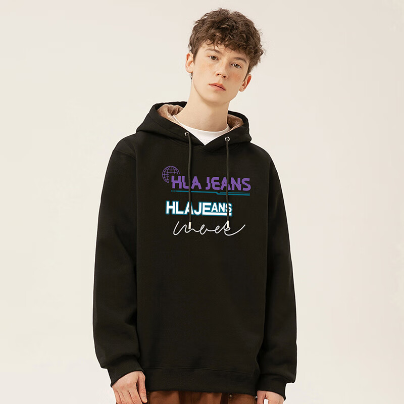 黑鲸海澜之家旗下潮牌加绒加厚连帽卫衣男秋冬季百搭带帽外套 黑 L