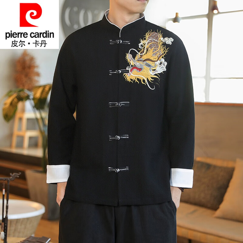 皮尔卡丹品牌高档男装中国风秋季亚麻长袖衬衫男中式盘扣衬衣男士刺绣