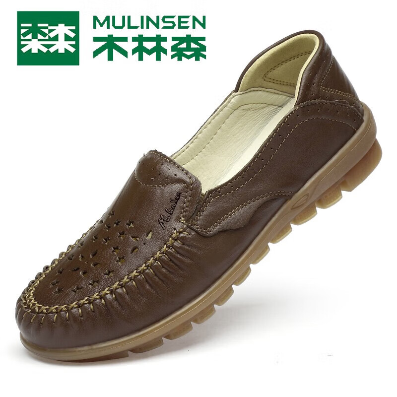 木林森(MULINSEN)单鞋女2023秋季新款头层牛皮厚底休闲鞋女透气小皮鞋女防滑妈妈鞋 卡其镂空款 40