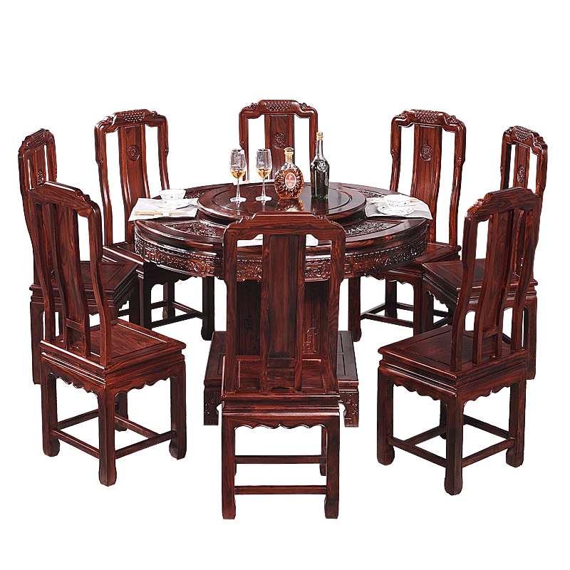 祥蕴阁红木家具 印尼黑酸枝（学名：阔叶黄檀）金玉满堂圆餐桌椅餐厅仿古中式实木饭桌组合 1.38米餐桌+8把椅子