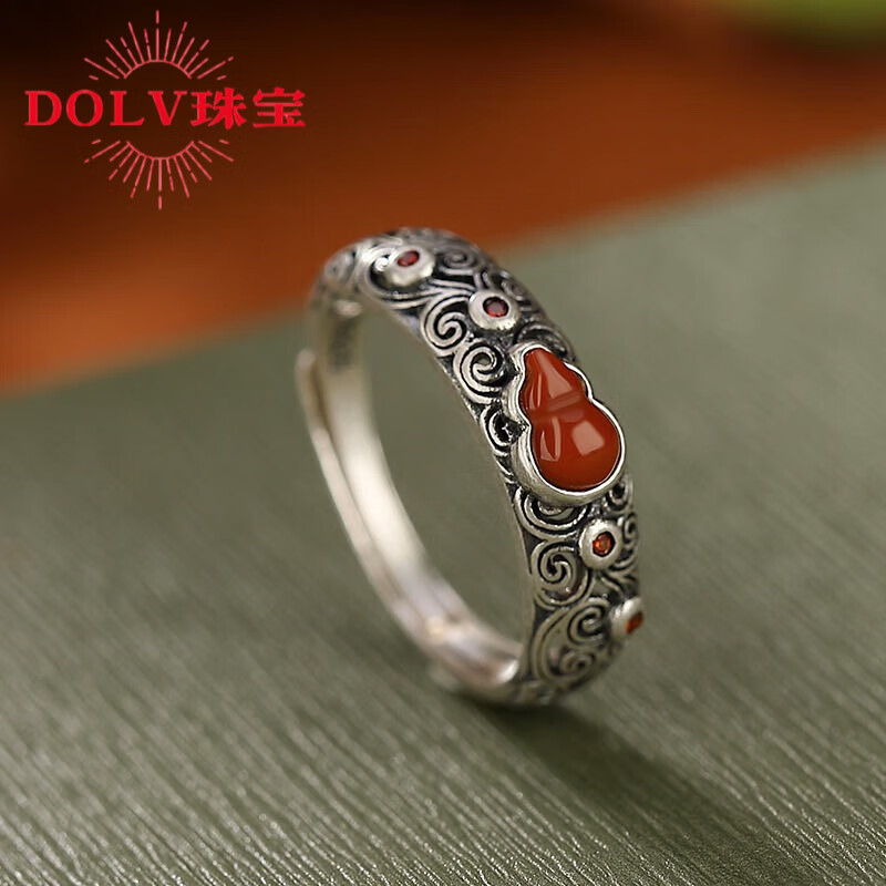 dolv南红玛瑙葫芦戒指川料女s925银福禄平安镂空复古设计