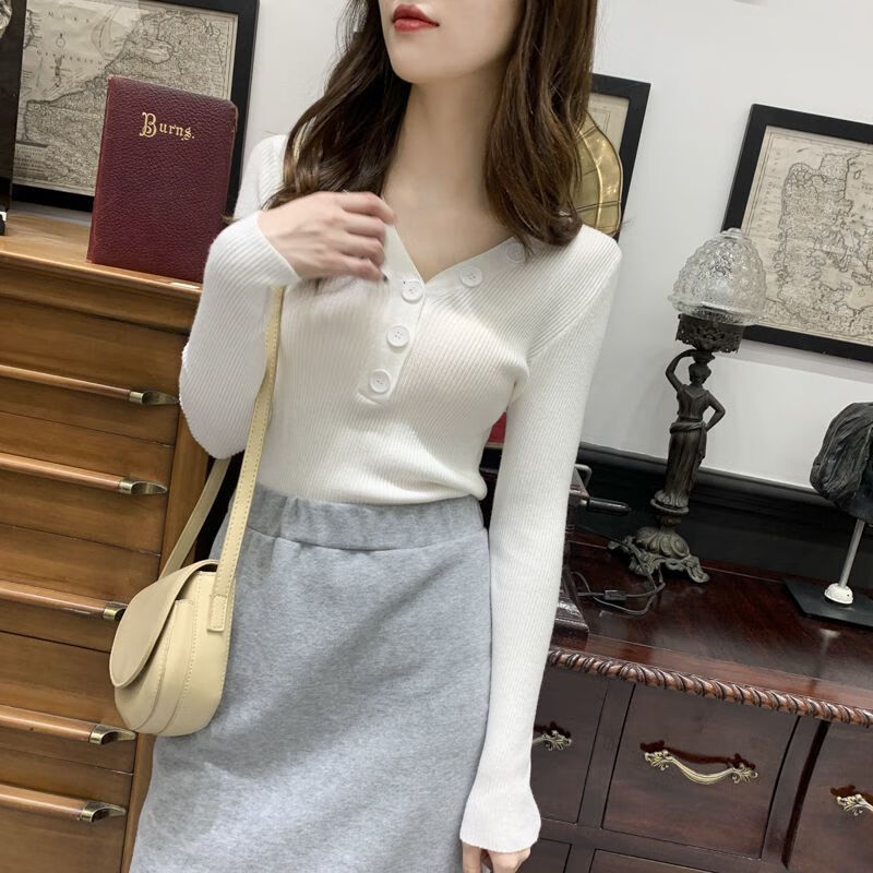 婵栩修身女装紧身毛衣低领短款加厚秋冬v领长袖外穿毛衣修身显瘦百搭