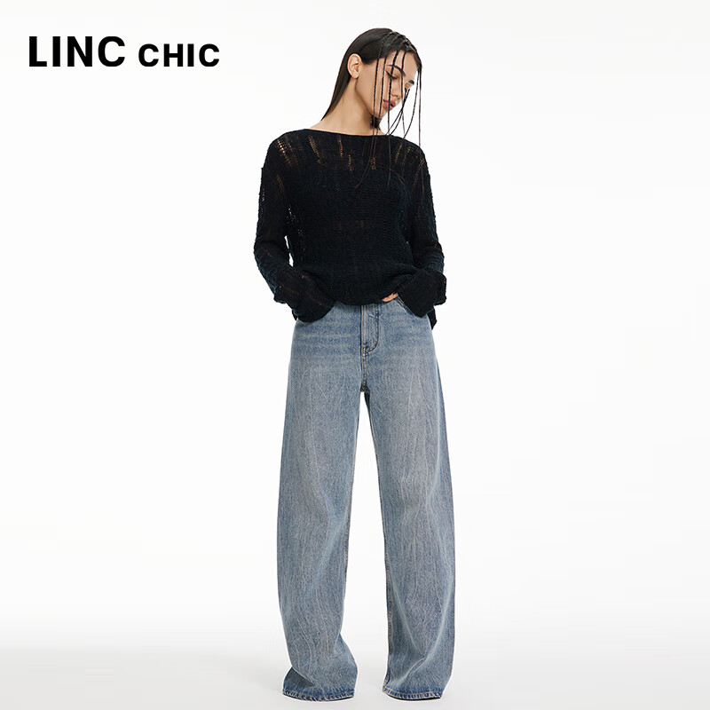 金羽杰薄透镂空长袖针织衫女短款春秋季新品圆领打底小衫上衣S241SW320Y 莱赛尔黑 M 适合110斤以下