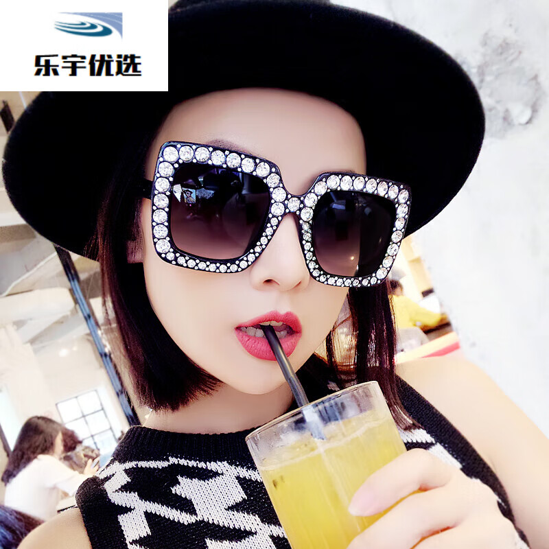 MZPLOI时尚女孩韩版潮墨镜女网红款大框带钻太阳镜UV400防紫外线眼镜 亮黑色渐变片
