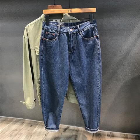 裤原色复古9分哈伦牛仔裤男士宽松锥形小脚裤子日系潮流哈伦九分裤 深