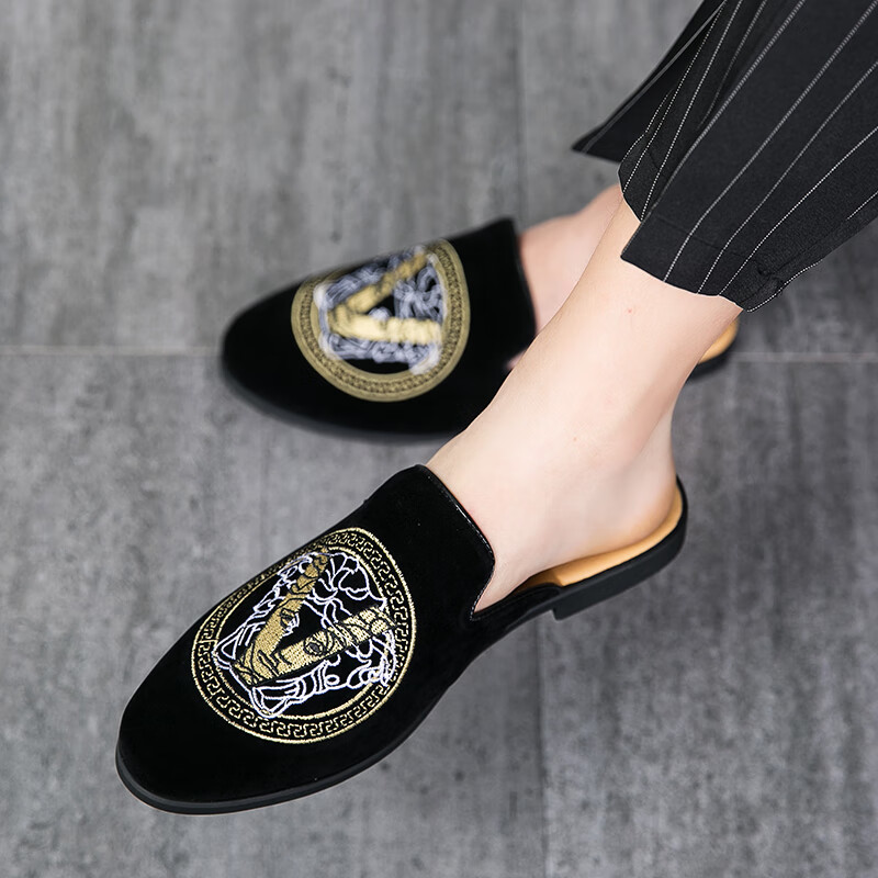 西梵蔻(xifankou)半拖鞋男夏季网红镶钻无后跟懒人皮鞋男包头休闲凉拖