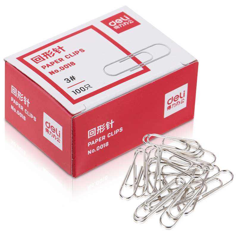 得力(deli)3#金属回形针 镀镍防锈曲别针 100枚/盒 单盒装 办公室具用品 0018 