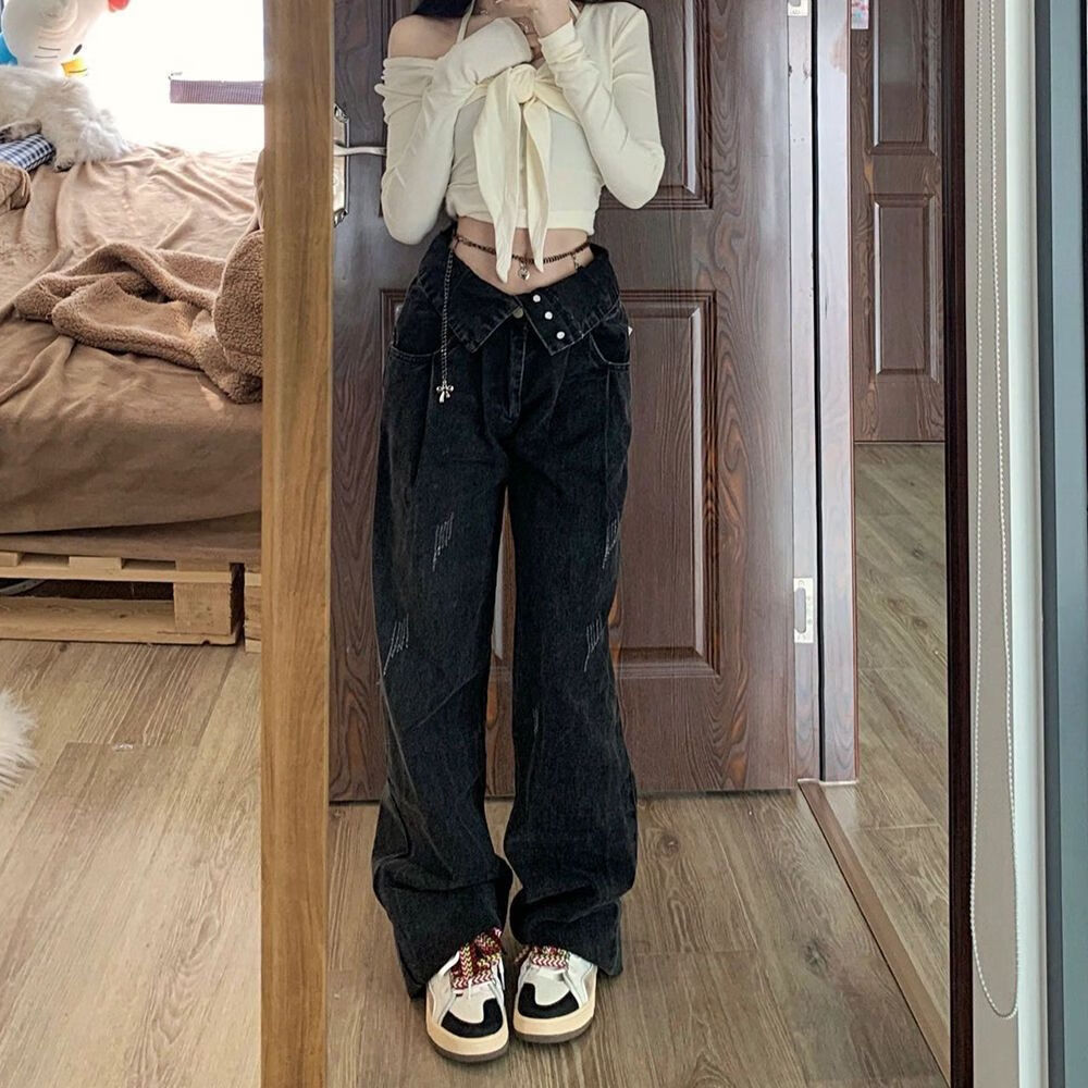 奔瑜裤子女秋冬天小个子女生显高阔腿休闲裤设计感直筒牛仔裤女春秋季