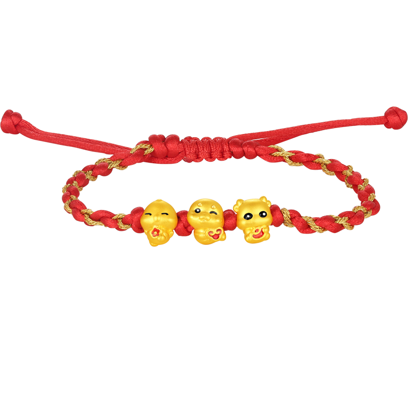 潮宏基 萌吉蛇生肖三合牛蛇雞蛇年黃金手鏈女轉(zhuǎn)運珠紅繩新年禮物 C 可調(diào)節(jié) 繩長約14-22cm