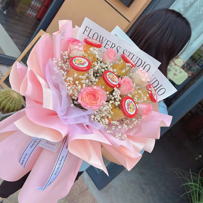花束零食鲜花生日礼物送弟媳女友老婆闺蜜 6瓶桃罐头6朵粉玫瑰花束