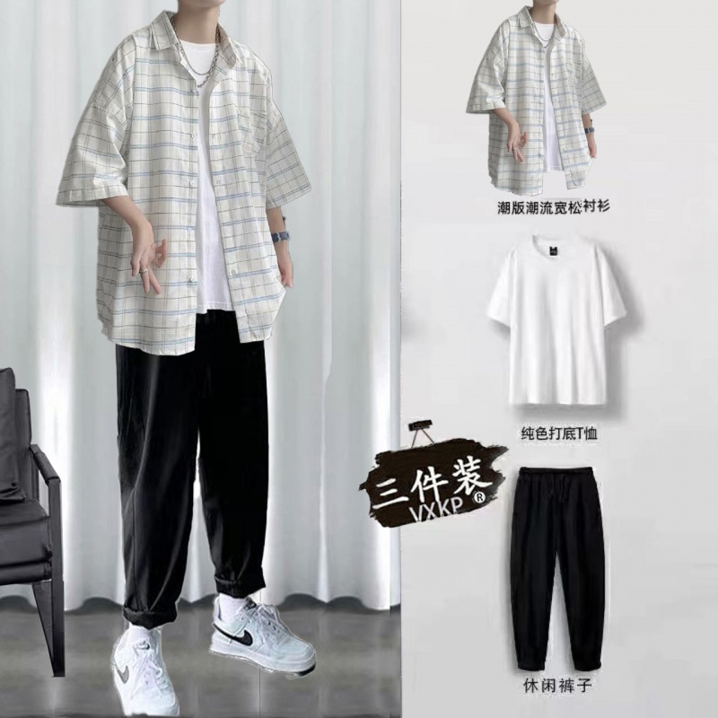步希凯登男生穿搭套装夏季潮流衣服全套轻熟风男休闲格子衬衫男装一套