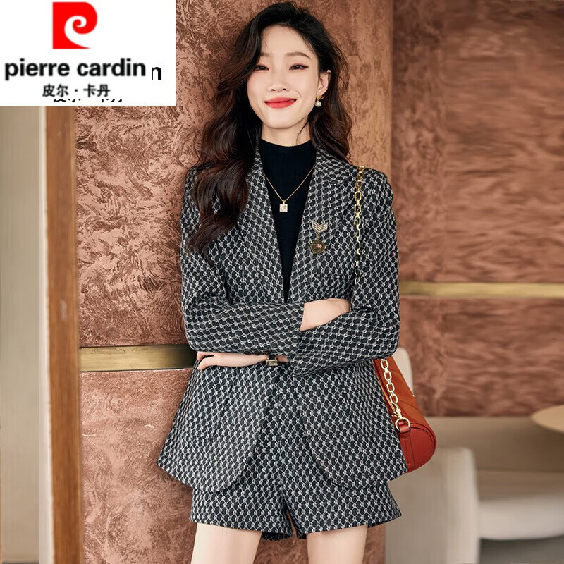 皮尔卡丹品牌千鸟格西装套装女2022新款秋冬加棉外套名媛小香风西服