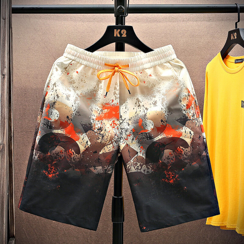 clolv kiss男士短裤夏季外穿海边沙滩裤宽松薄款冰丝休闲花裤子速干五