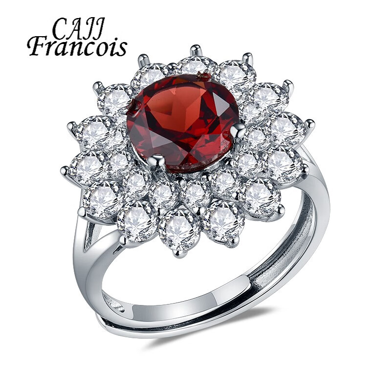 cajj francois 石榴石戒指 戴妃款戒指女 天然彩宝 珠宝首饰 925银