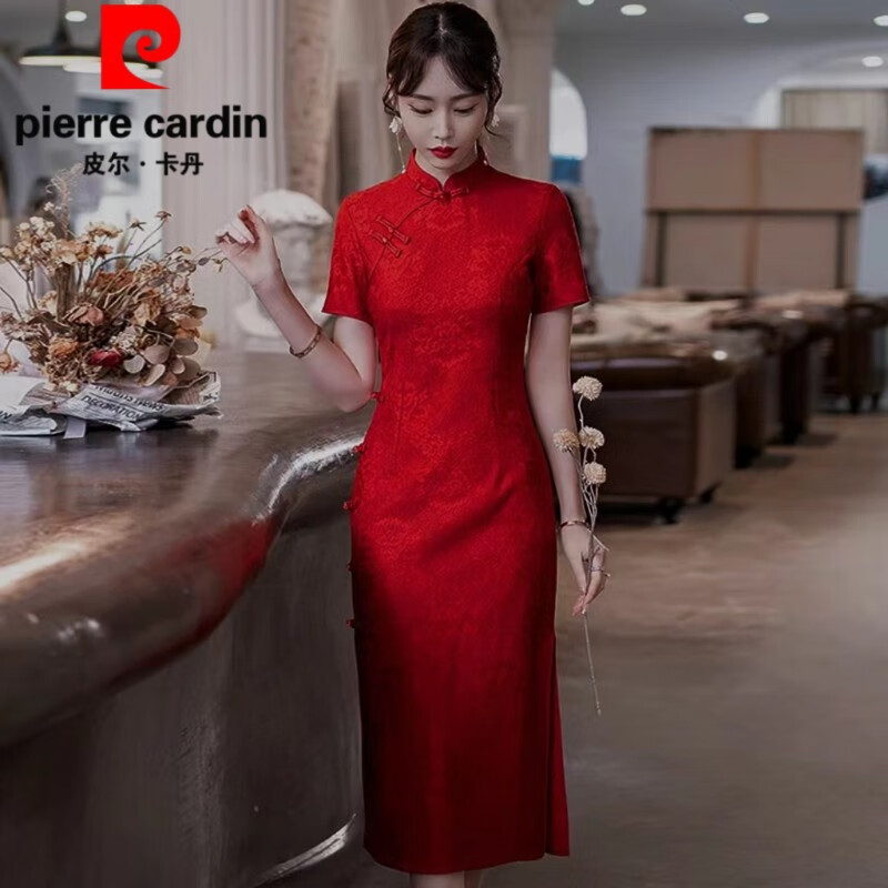 旗袍新中式改良红色女遮肚显瘦开叉气质年轻款复古长裙女装 9106暗