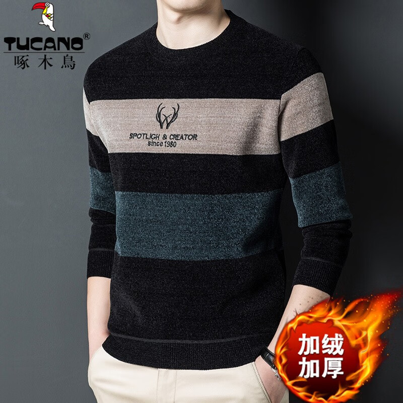 啄木鸟（TUCANO）毛衣男圆领印花加绒加厚针织衫冬季中青年宽松保暖套头打底衫 YZ862蓝色 L (170) 推荐110-130斤