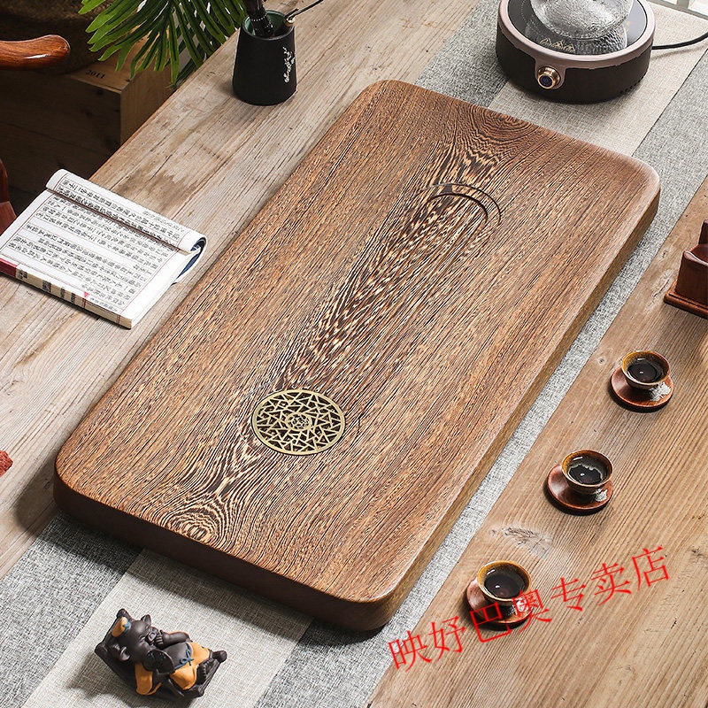 鸡翅木茶盘 整块实木茶盘鸡翅木现代清新铜木质茶具茶海家居客厅长