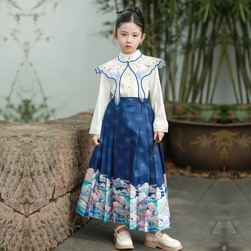 女童汉服套装长袖春秋装新款中国风刺绣云肩立领上衣马面裙古风 星空蓝（上衣+马面裙+云肩） 160适合体重75-100斤左右高性价比高么？