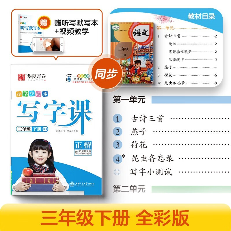 华夏万卷 三年级下册语文同步练字帖小学生同步写字课 2023春3年级RJ人教版书法练字本 天天练拼音本田字格生字抄写本 笔顺笔画字帖（共2册）