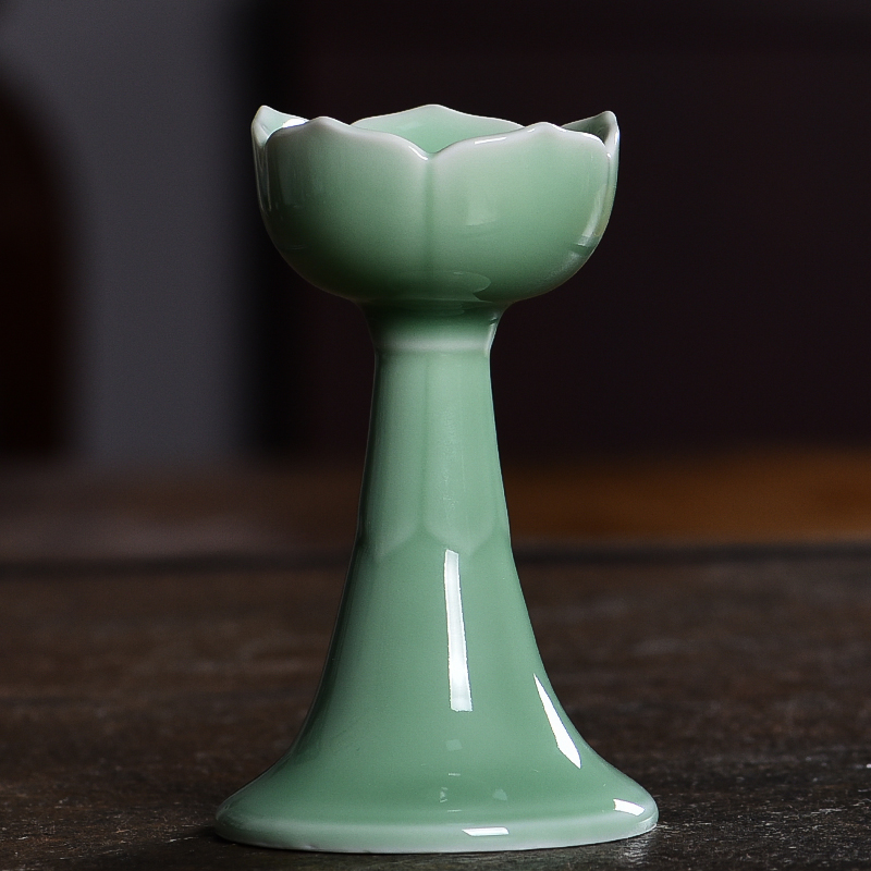 涵青堂龙泉青瓷蜡烛台家用供佛用品陶瓷莲花烛台酥油灯座玄关摆件 弟