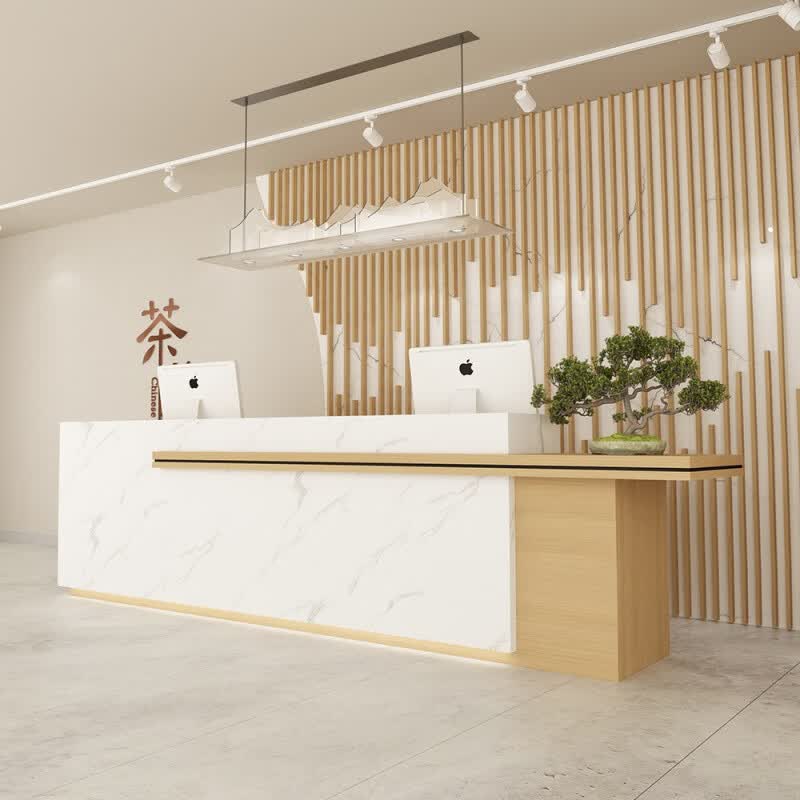 大理石吧台桌收银台酒店公司办公前台接待台店铺商用柜台 爵士白 原木