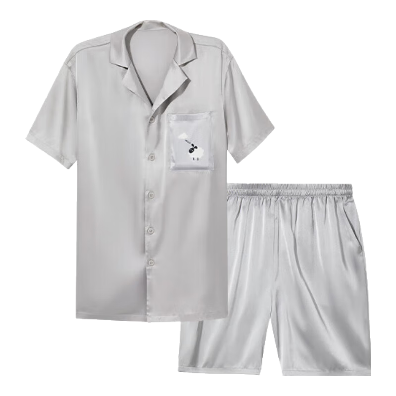 ubras流光满印翻领短袖短裤套装家居服睡衣女薄款舒适居家 【男款】短袖短裤-发呆小羊-灰 M