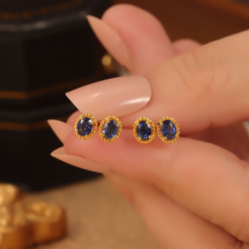 (dq)18k金四爪镶嵌蓝宝石耳饰网红气质耳环ol复古港风精致简约款耳钉