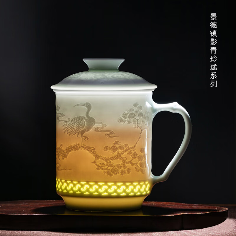 零峰景德镇影青陶瓷雕刻玲珑茶杯办公杯家用茶水分离泡茶杯伴手礼物 松鹤延年茶杯普通包装420ml1只 一组