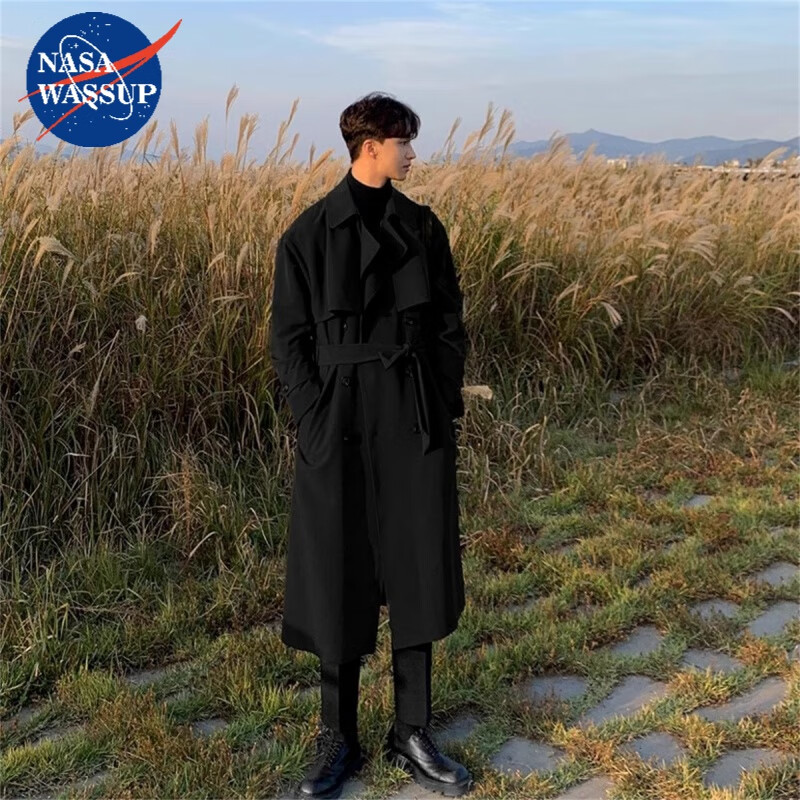 NASAWASSUP英伦风衣男秋冬季长款潮流宽松过膝大衣双排扣韩版休闲高级感外套 风衣黑【春秋款】 薄款 S