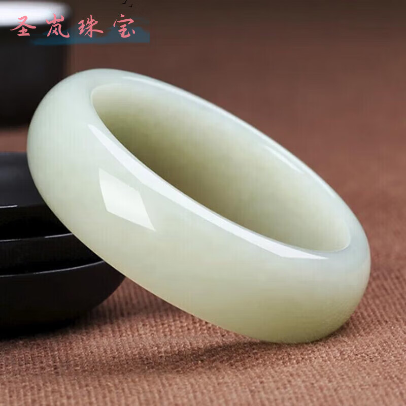 圣岚新疆和田玉手镯女款羊脂白玉手镯青白玉石镯子带证书送妈妈礼物 Fc--61圈口