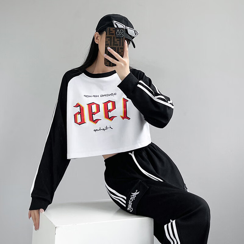 街舞爵士舞服装女套装韩版宽松舞蹈嘻哈演出服跳舞运动练功服 560黑白